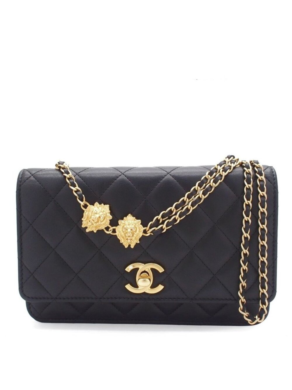 Chanel Quilted Chain Wallet Black Gold Lambskin Lion Motif Random Shoulder Bag
